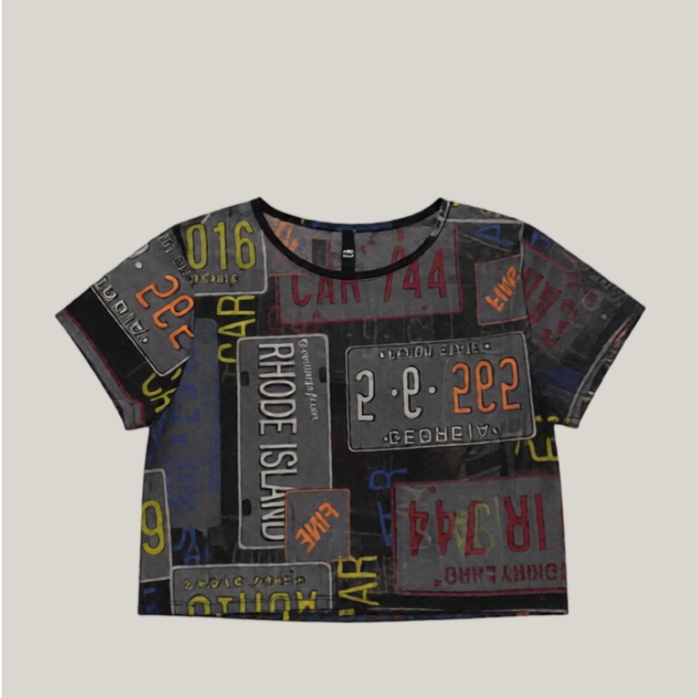 License Plate Graphic Mesh Crop Top - Sheer Streetwear Short Sleeve Tee
